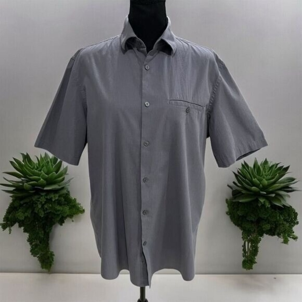 Alfani Men's M‎ Gray Stretch Dobby Button-Up Short Sleeve Modern Fit Shirt